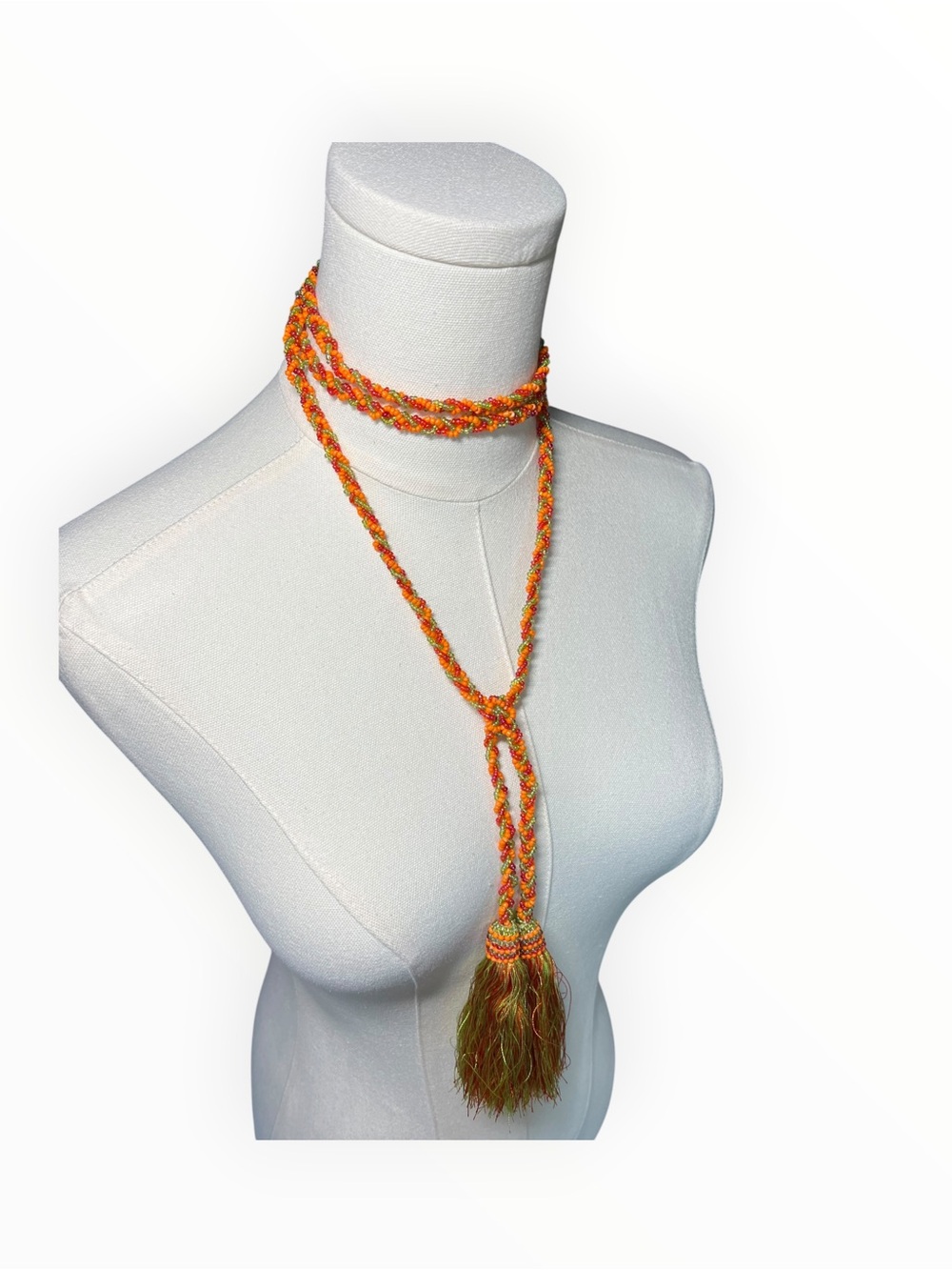 Handcrafted Red and Orange Beaded Tassel Lariat Necklace or Belt